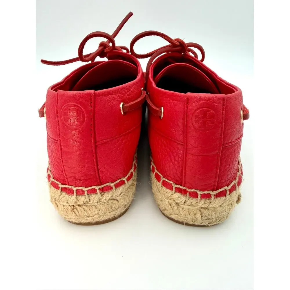 Tory Burch Skipper Boat Shoes Espadrilles Red Leather Size 9.5 Flatforms Flats